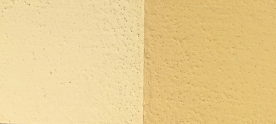 Indisch Geel Foto links: het pigment wordt gemengd in de Badisof Plus (kant-en-klare kalkverf die je in ons deco-assortiment vindt) in een verhouding van 5%, dus 50 g pigment per kilo witkalk. Foto rechts: het pigment wordt gemengd in de Badisof Plus in een verhouding van 20%, dus 200g pigment per kilo witkalk.